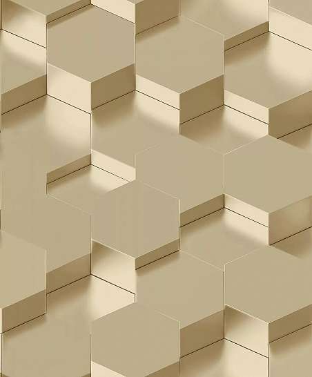 3D hatású tapéta high-tech stílusban hexagon mintával bézs arany színben