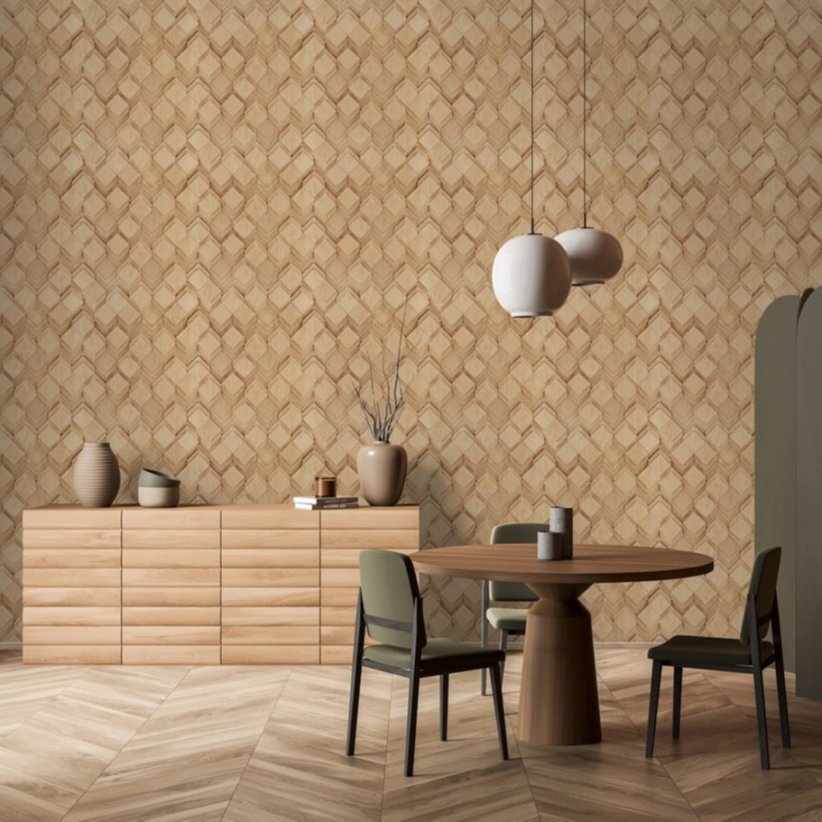 3Dhatású geometrikus fa mintás barna színű elegáns design tapéta