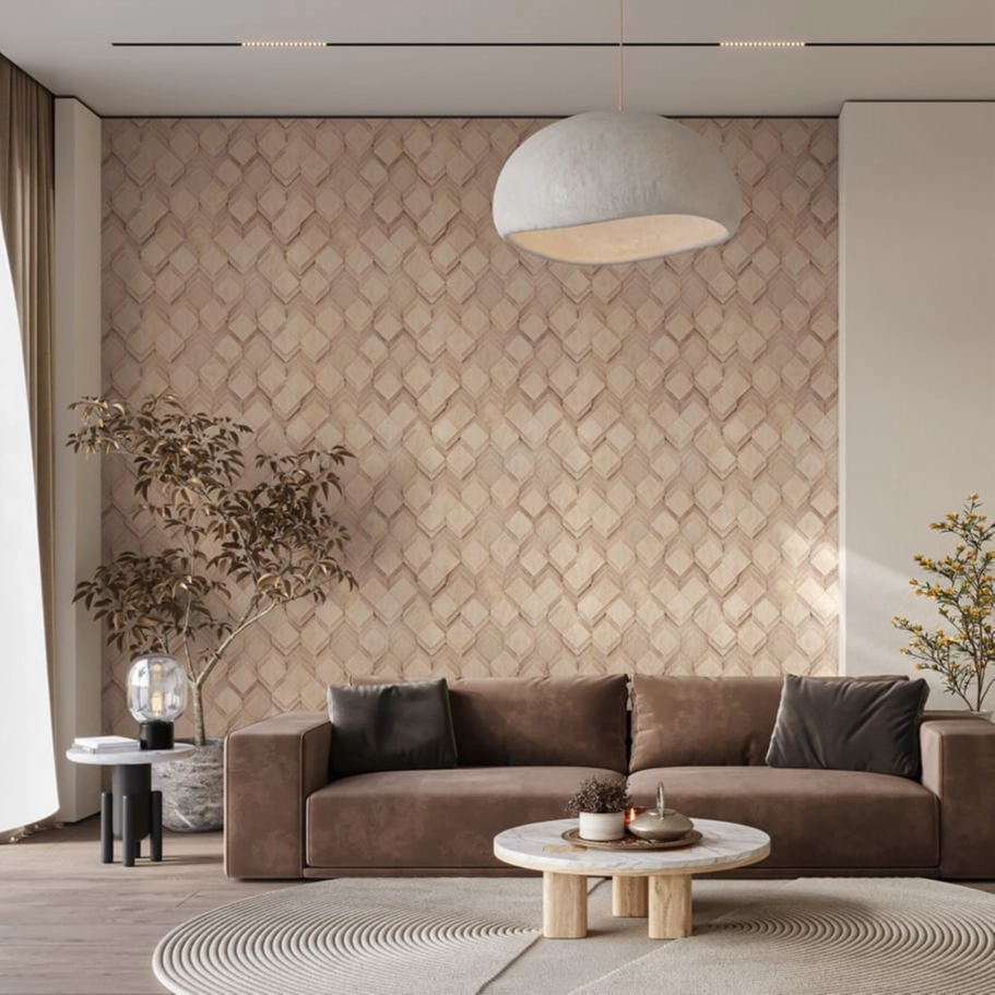 3Dhatású geometrikus fa mintás világosbarna színű elegáns design tapéta