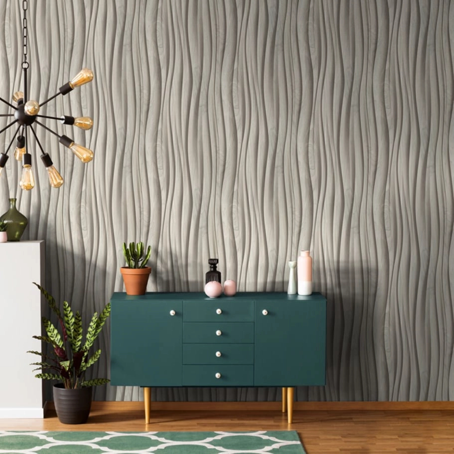 3Dhatású hullámos fa mintás világosszürke színű elegáns design tapéta