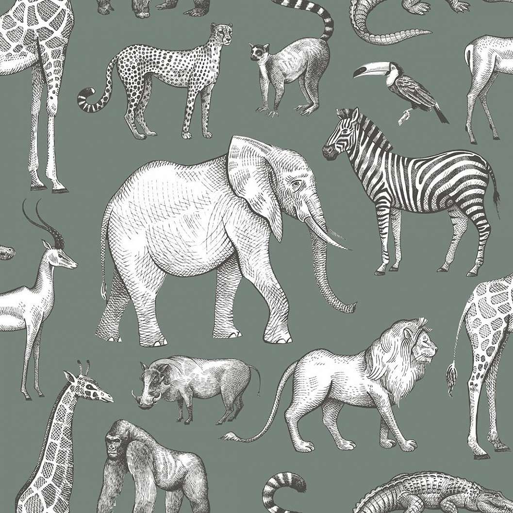 Afrikai állat mintás gyerek design tapéta zöld alapon