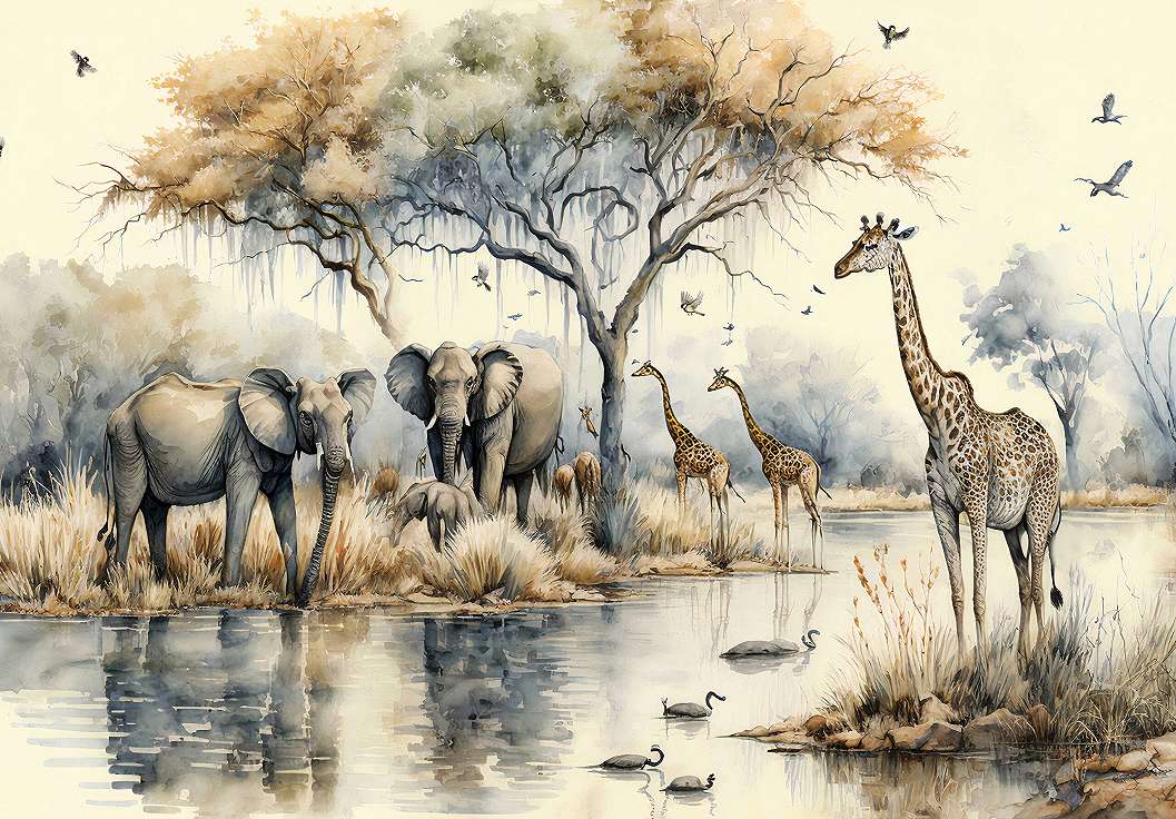 Afrikai szavanna elefánt zsiráf mintás vlies poszter tapéta 368x254 vlies