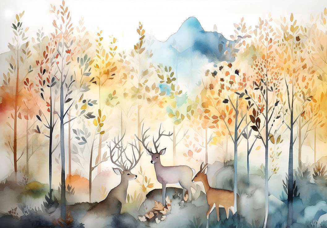 Akvarell erdei táj és állat mintás gyerek posztertapéta 368x254 vlies