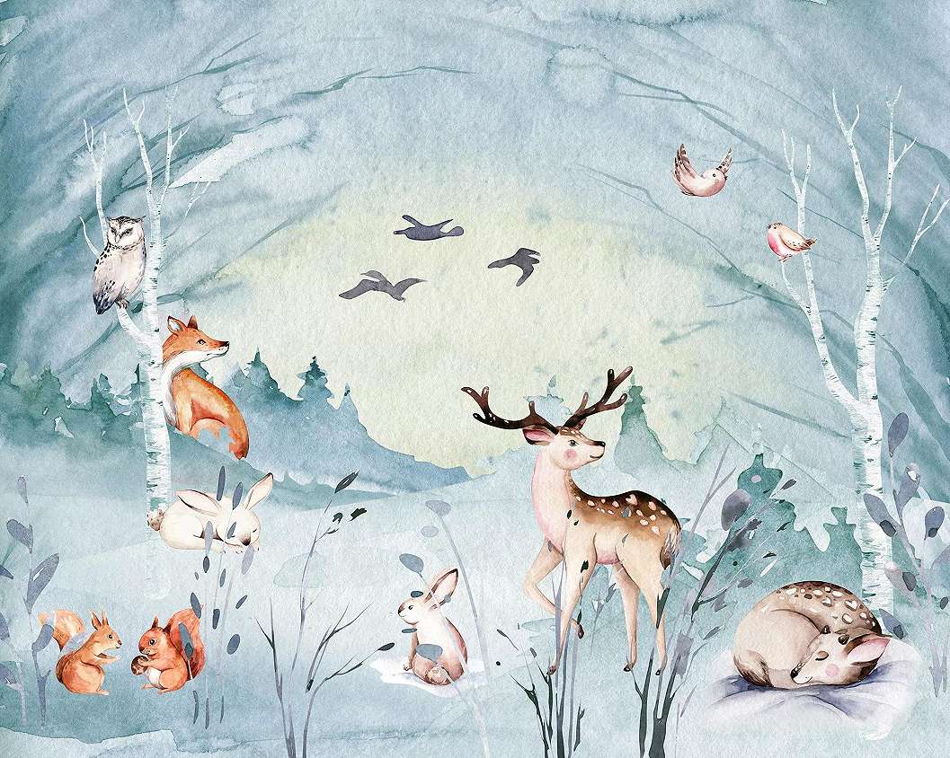 Akvarell stílusú erdei állat mintás vlies fali poszter gyerekszobába