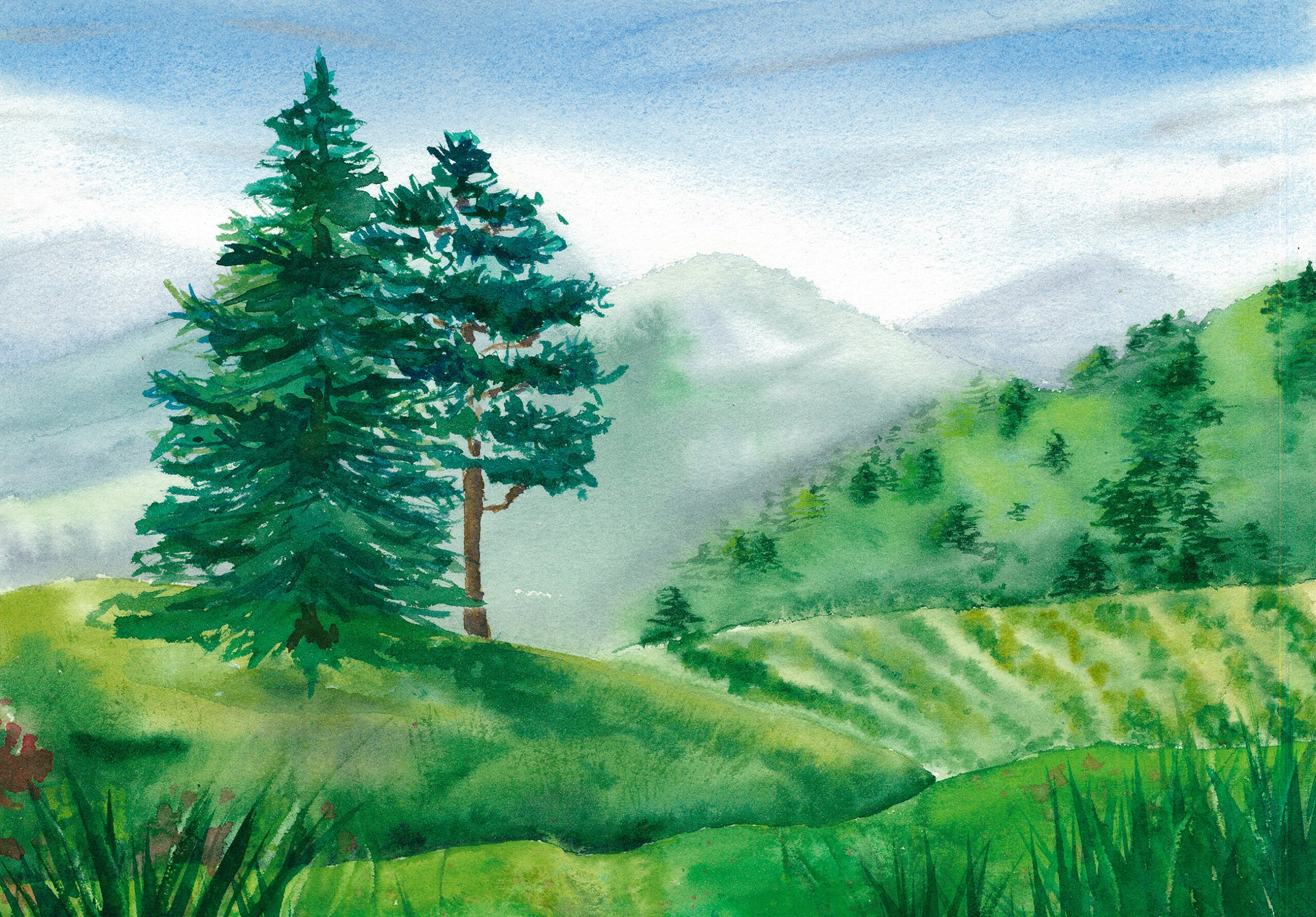 Akvarell stílusú erdei tájkép mintás vlies poszter tapéta gyerekszobába 368x254 vlies