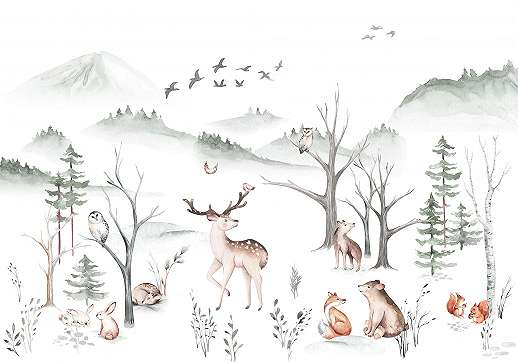 Akvarell stílusú gyerek poszter tapéta erdei állatos mintákkal