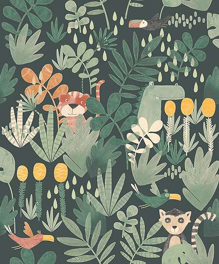 Akvarell stílusú Khroma design gyerek tapéta dzsungel és állat mintával