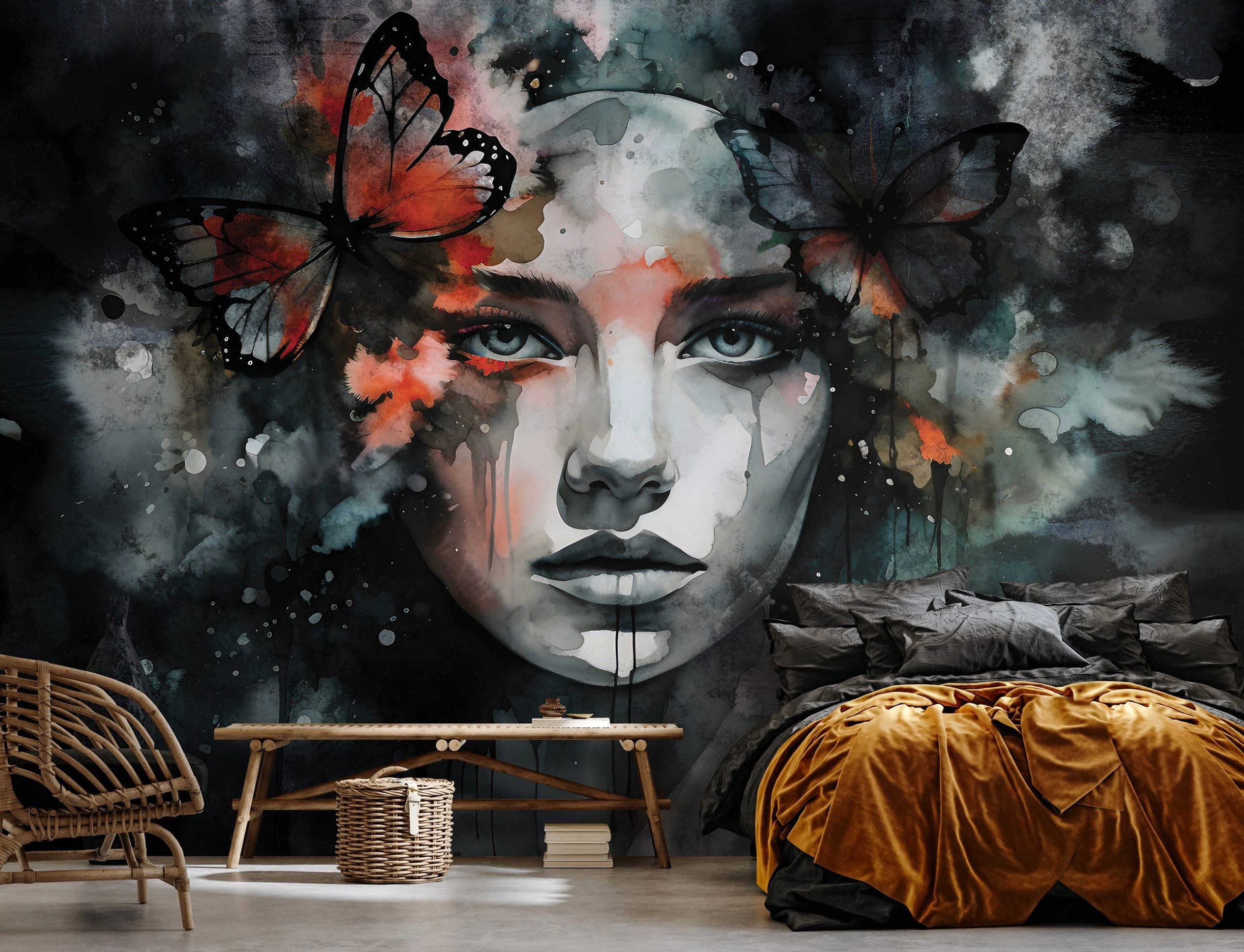 Akvarell stílusú női arckép pillangóval mintás fali poszter 368x254 vlies