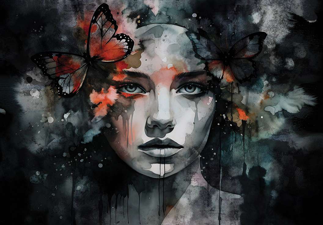 Akvarell stílusú női arckép pillangóval mintás fali poszter 368x254 vlies