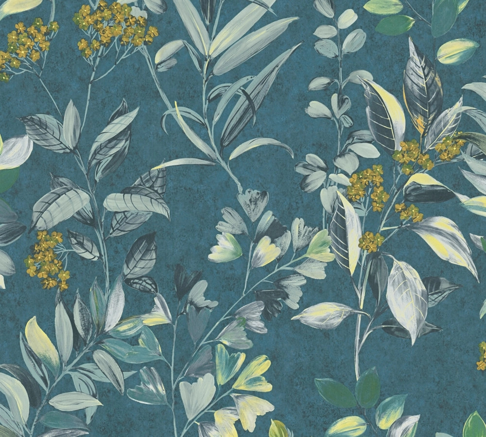 Akvarell stílusú türkiz kék színű virág és levél mintás design tapéta