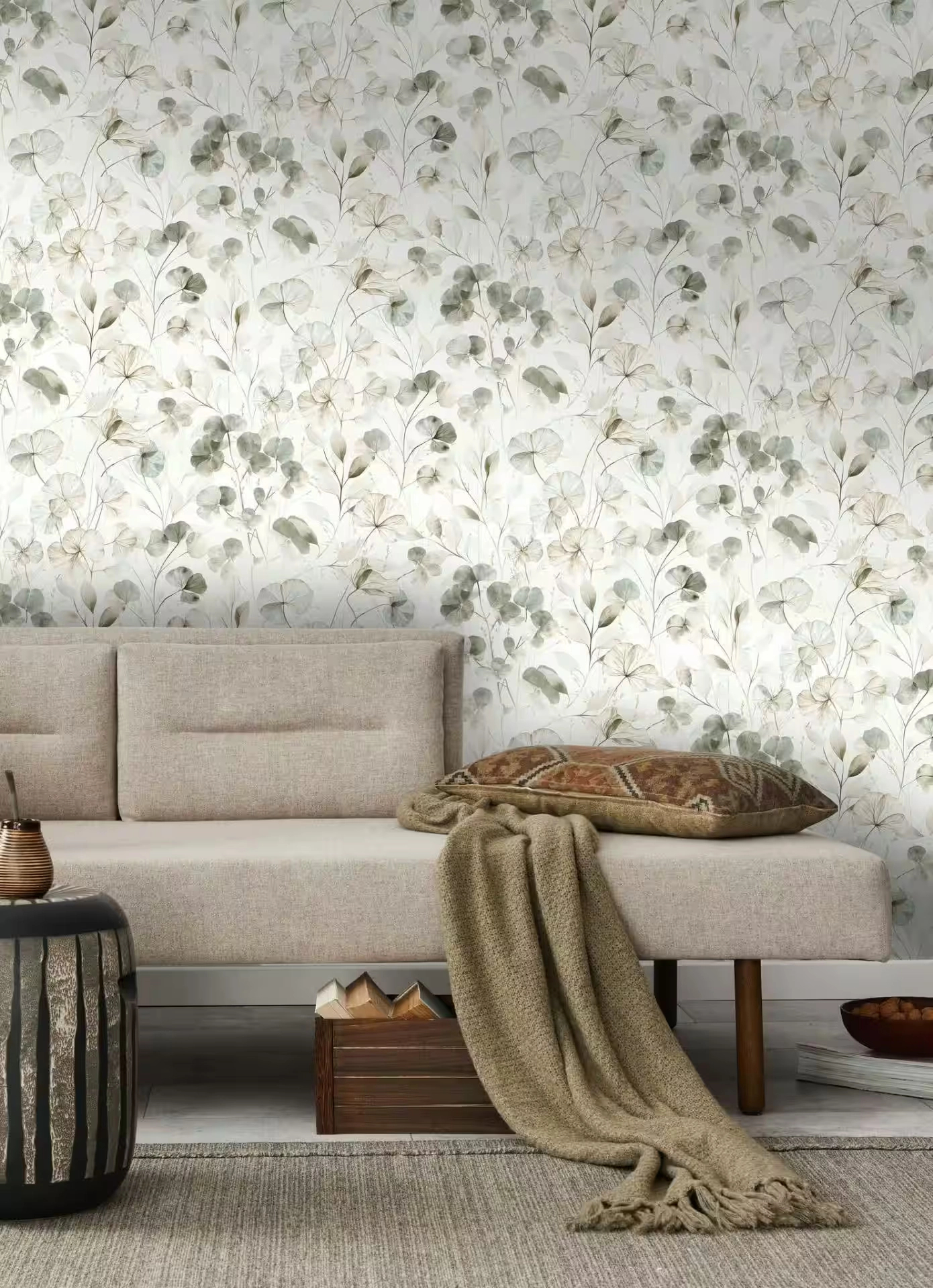 Akvarell vinyl virágmintás dekor tapéta zöld színben