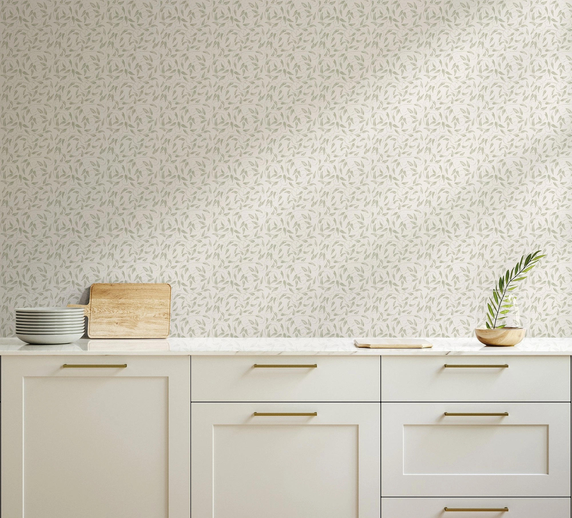 Angol dekor tapéta country levél mintával zsályazöld és krém színben