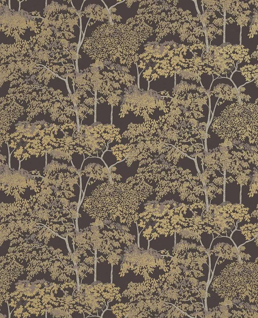 Angol dekor tapéta csillámos arany és barna fa mintával kávébarna színben