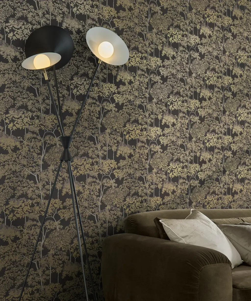 Angol dekor tapéta csillámos arany és barna fa mintával kávébarna színben