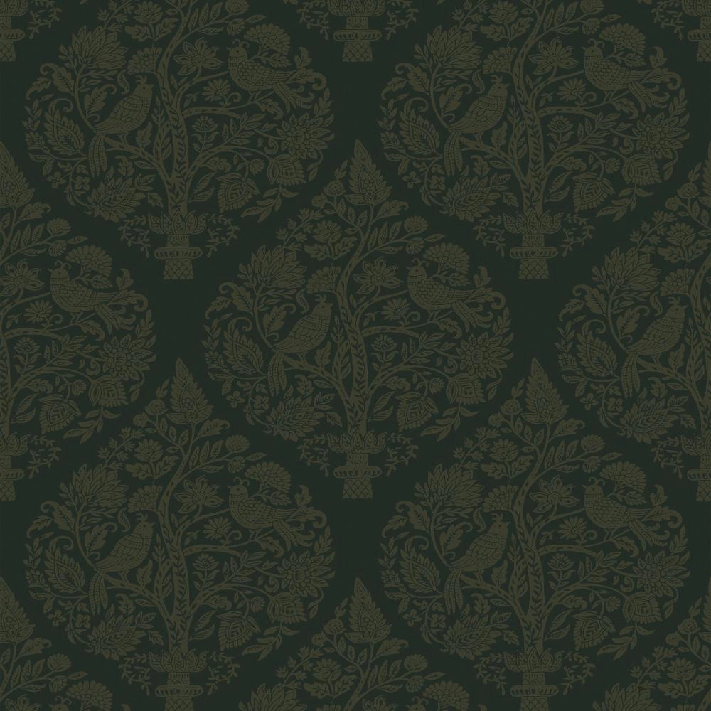Angol dekor tapéta csillámos fa mintával sötétzöld színben