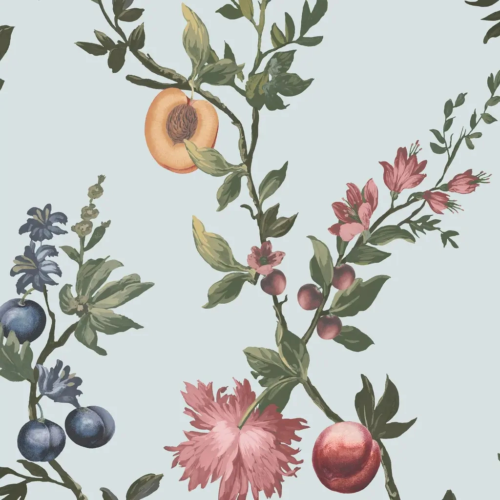 Angol dekor tapéta gyömölcsös inda mintával égkék színben