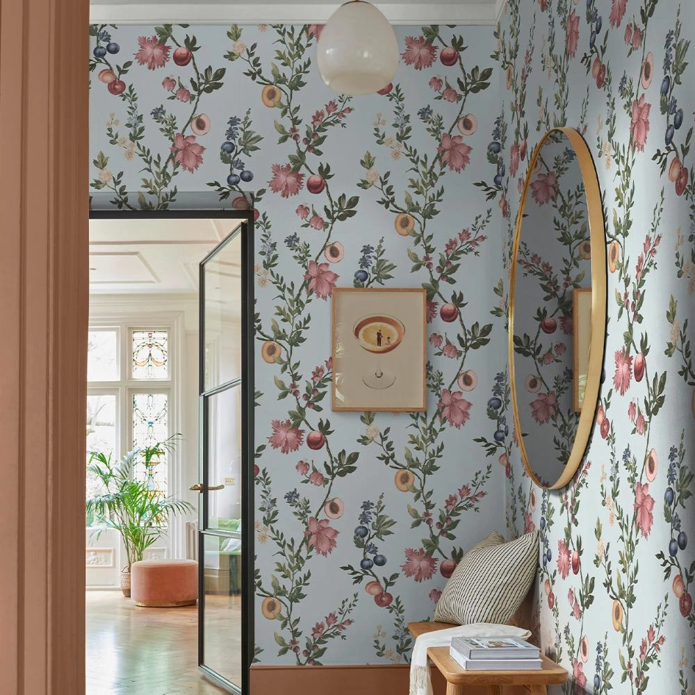 Angol dekor tapéta gyömölcsös inda mintával égkék színben