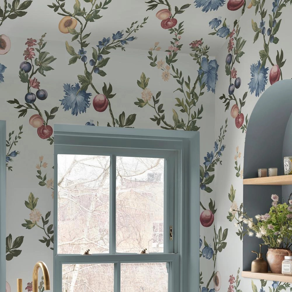 Angol dekor tapéta gyömölcsös inda mintával fehér színben