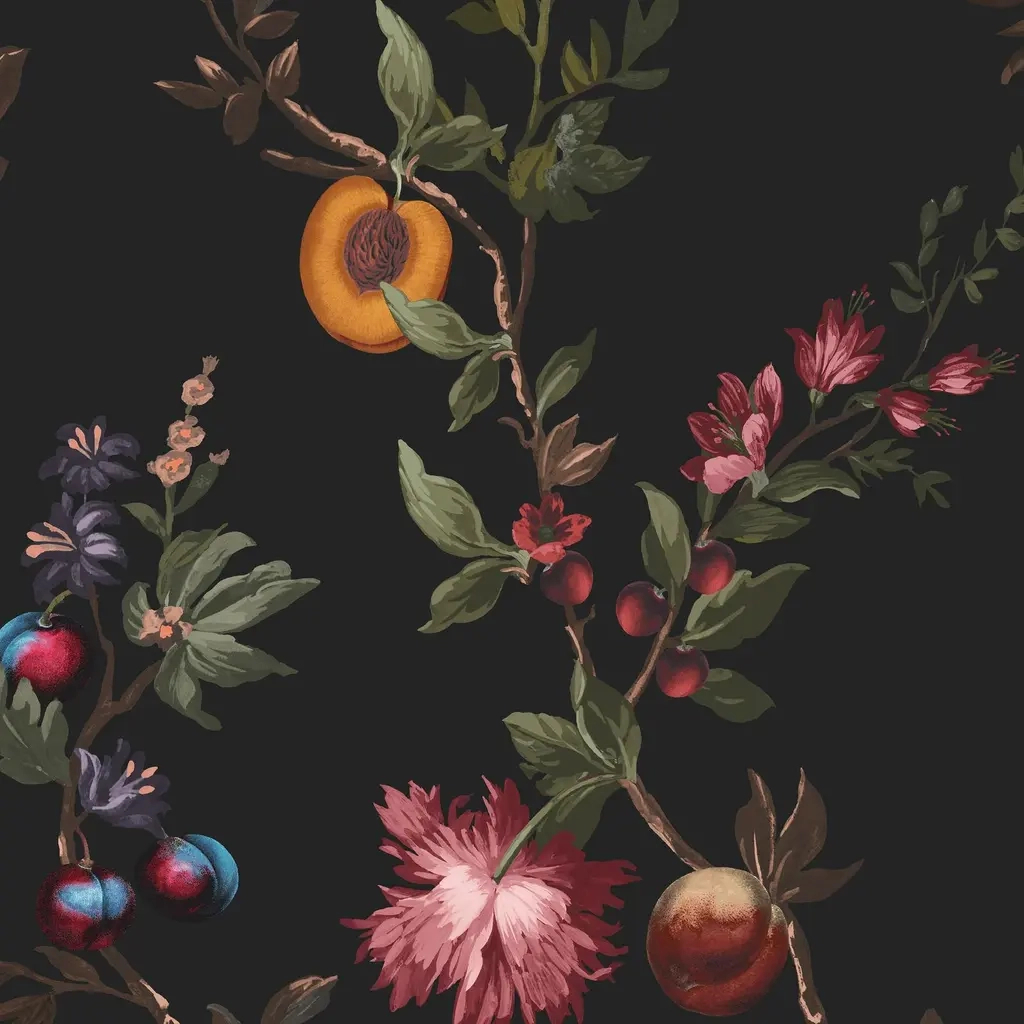 Angol dekor tapéta gyömölcsös inda mintával fekete színben