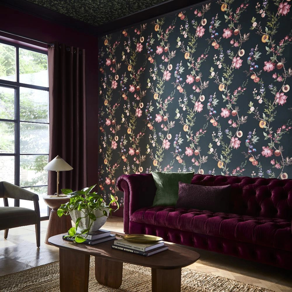 Angol dekor tapéta gyömölcsös inda mintával fekete színben