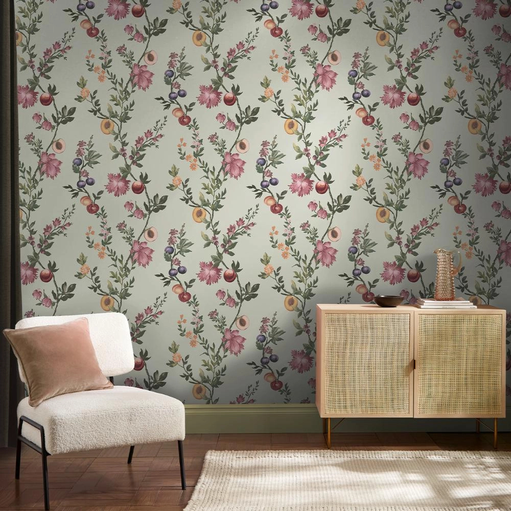 Angol dekor tapéta gyömölcsös inda mintával mentazöld színben