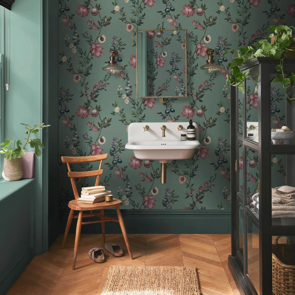 Angol dekor tapéta gyömölcsös inda mintával zöld színben