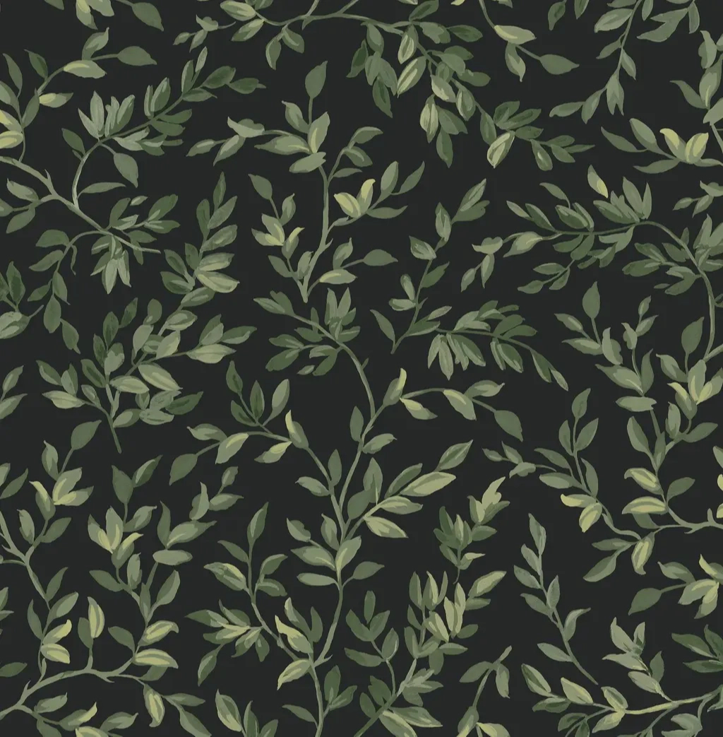 Angol dekor tapéta leveles inda mintával fekete színben