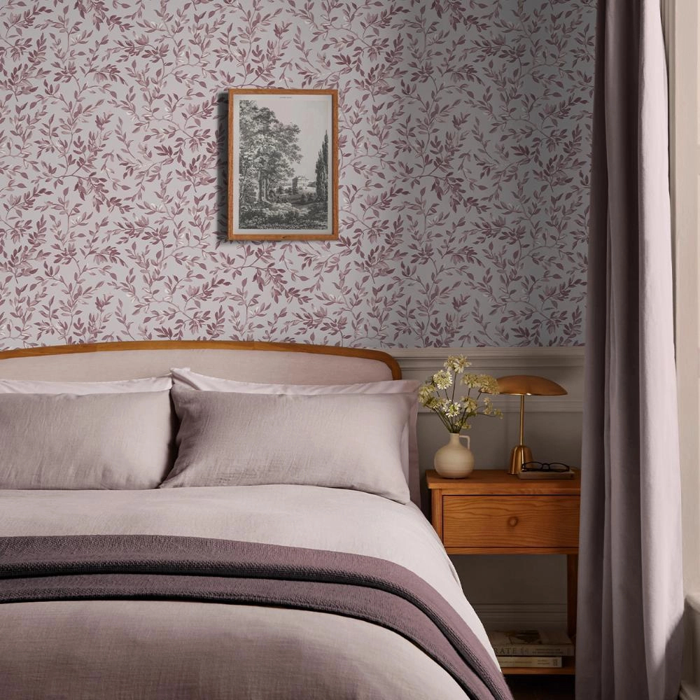 Angol dekor tapéta leveles inda mintával rózsaszín színben