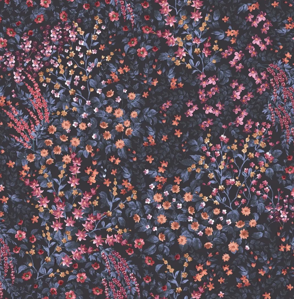 Angol dekor tapéta rózsaszín apró virág mintával fekete színben