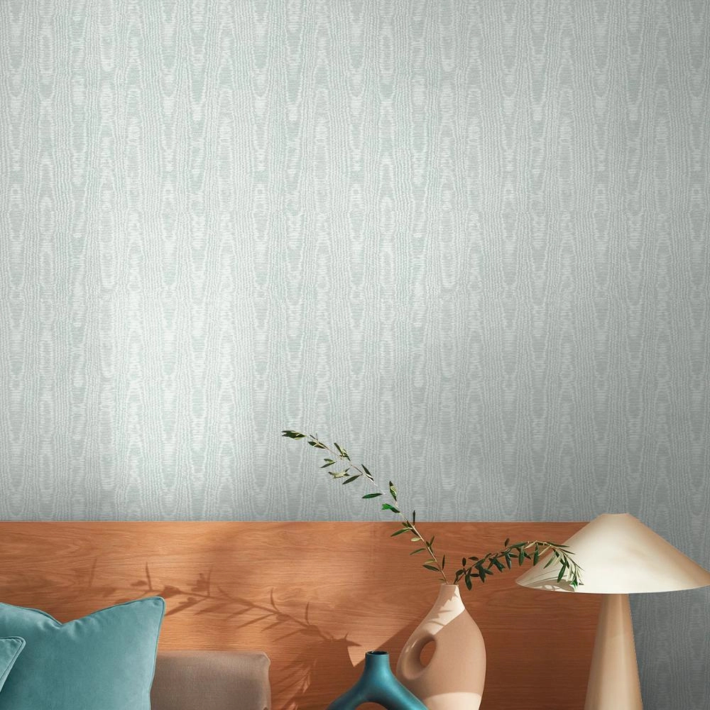 Angol dekor tapéta selyemfényű faerezet mintával kacsatojáskék színben