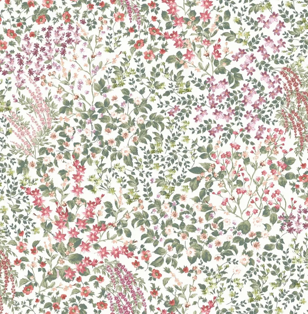 Angol dekor tapéta sokszínű apró virág mintával fehér színben