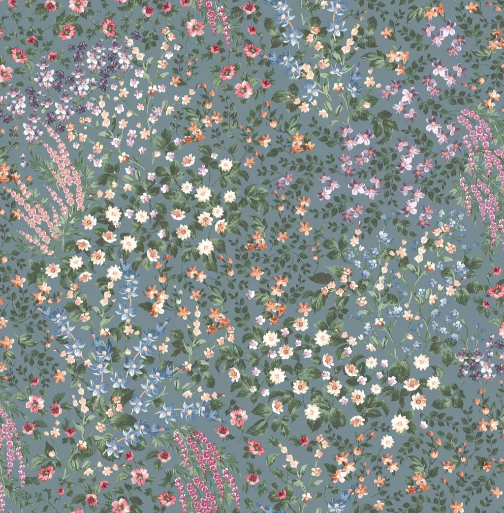 Angol dekor tapéta sokszínű apró virág mintával kékesszürke színben