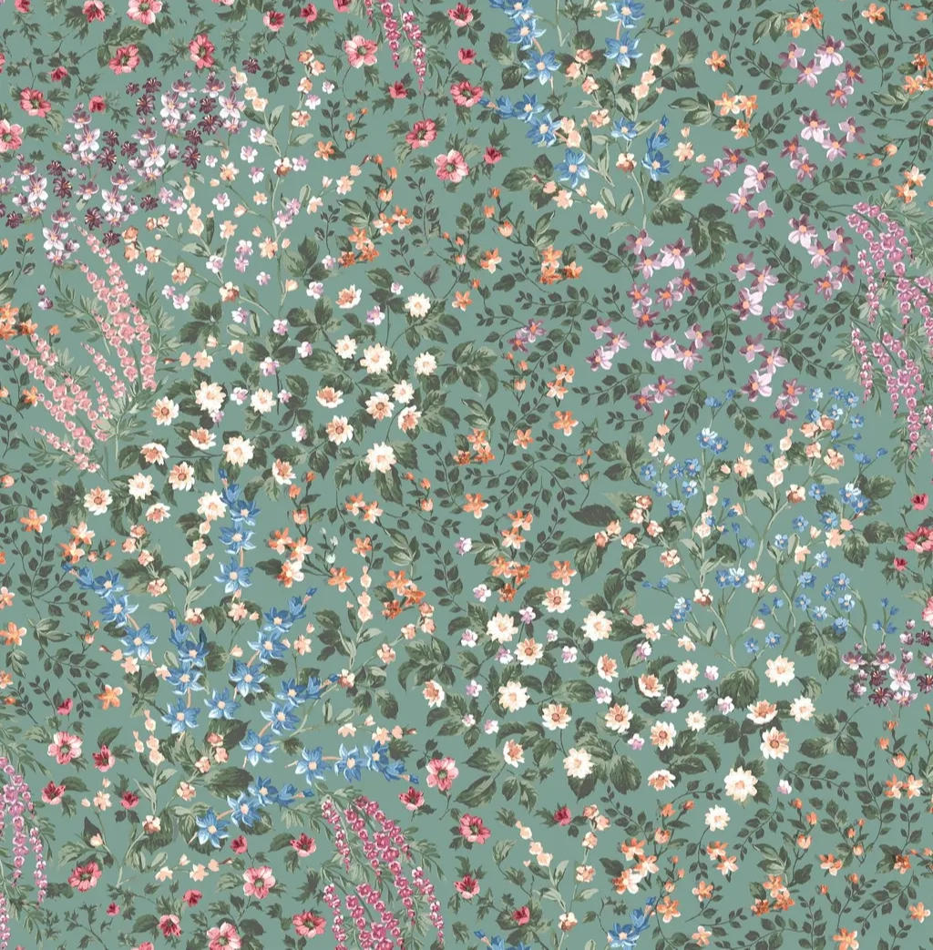 Angol dekor tapéta sokszínű apró virág mintával zöld színben