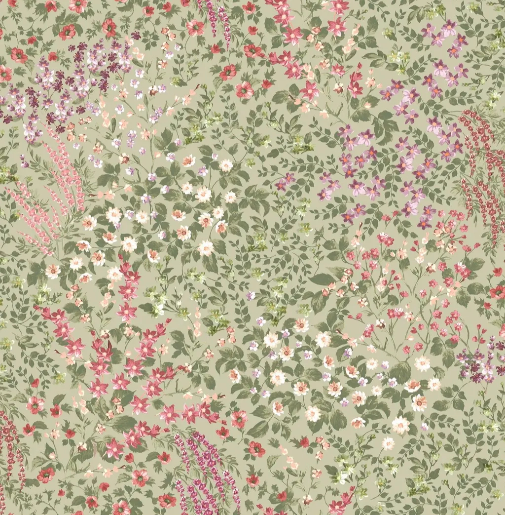 Angol dekor tapéta sokszínű apró virág mintával zsályazöld színben