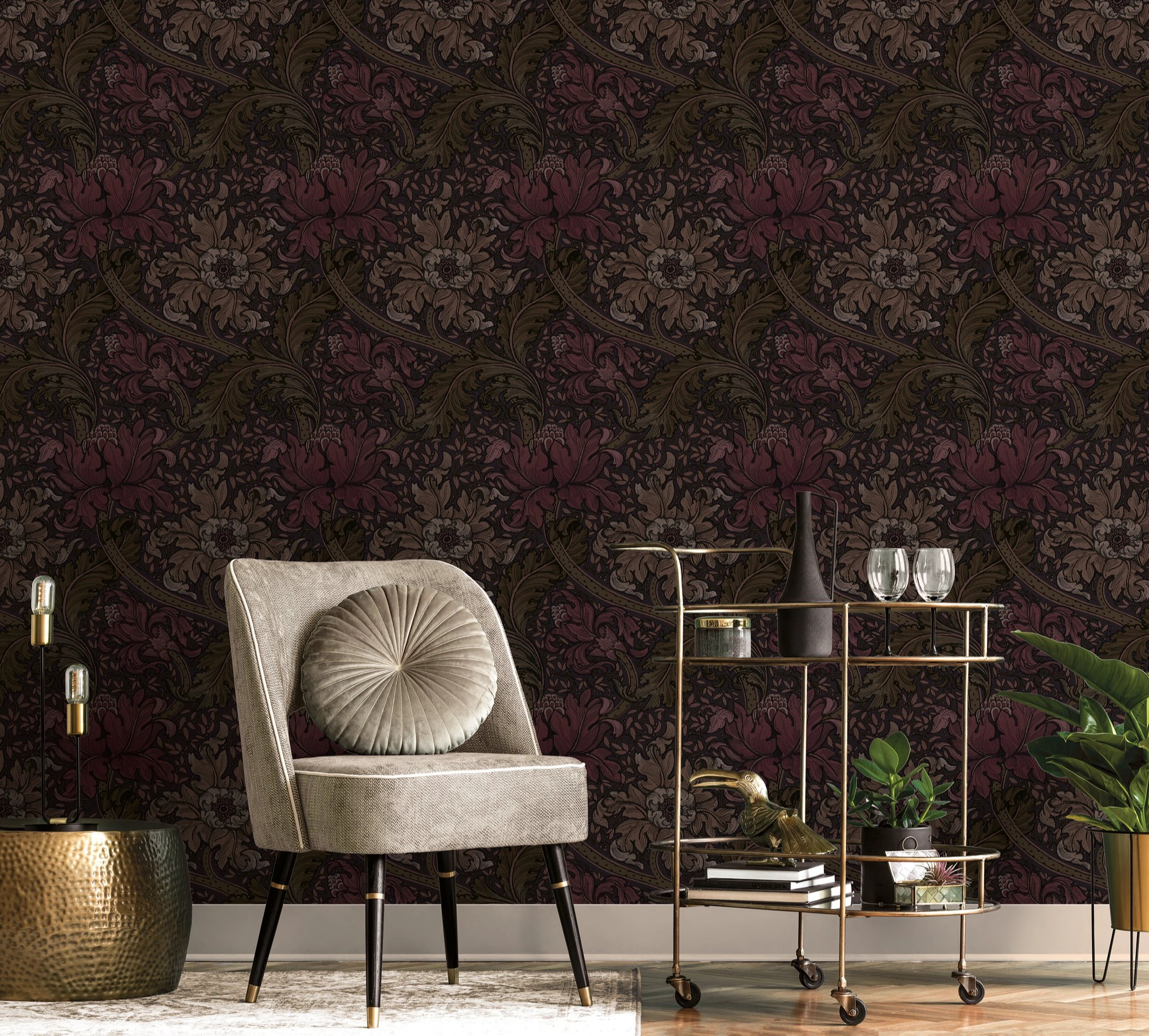 Angol dekor tapéta szecessziós akantuszvirág mintával dohánybarna és bordó színben