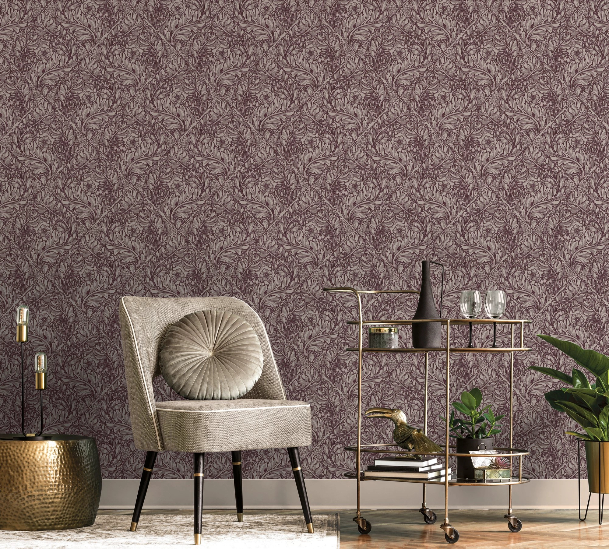 Angol dekor tapéta szecessziós virág mintával bordó színben