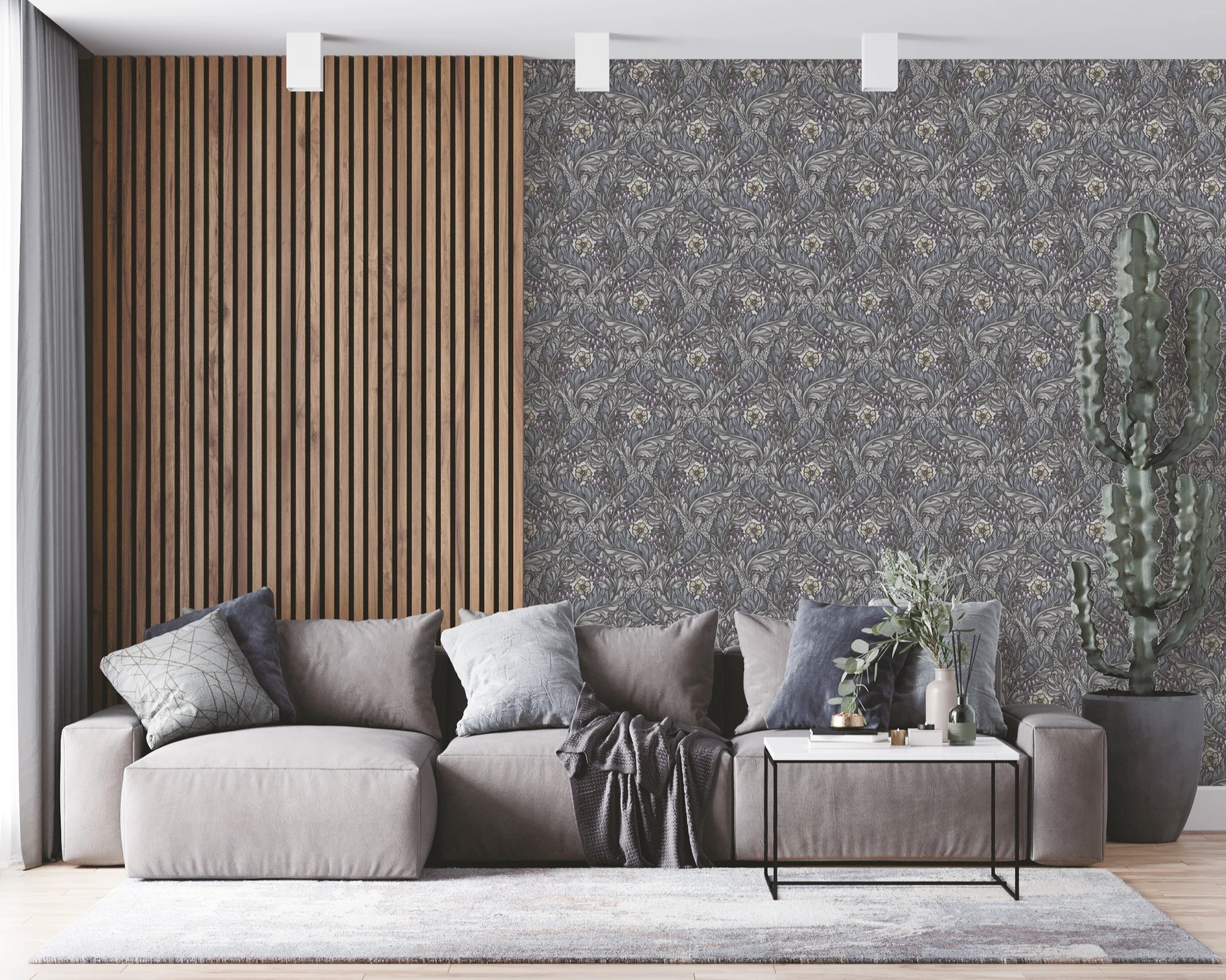 Angol dekor tapéta szecessziós virág mintával kékes középszürke színben