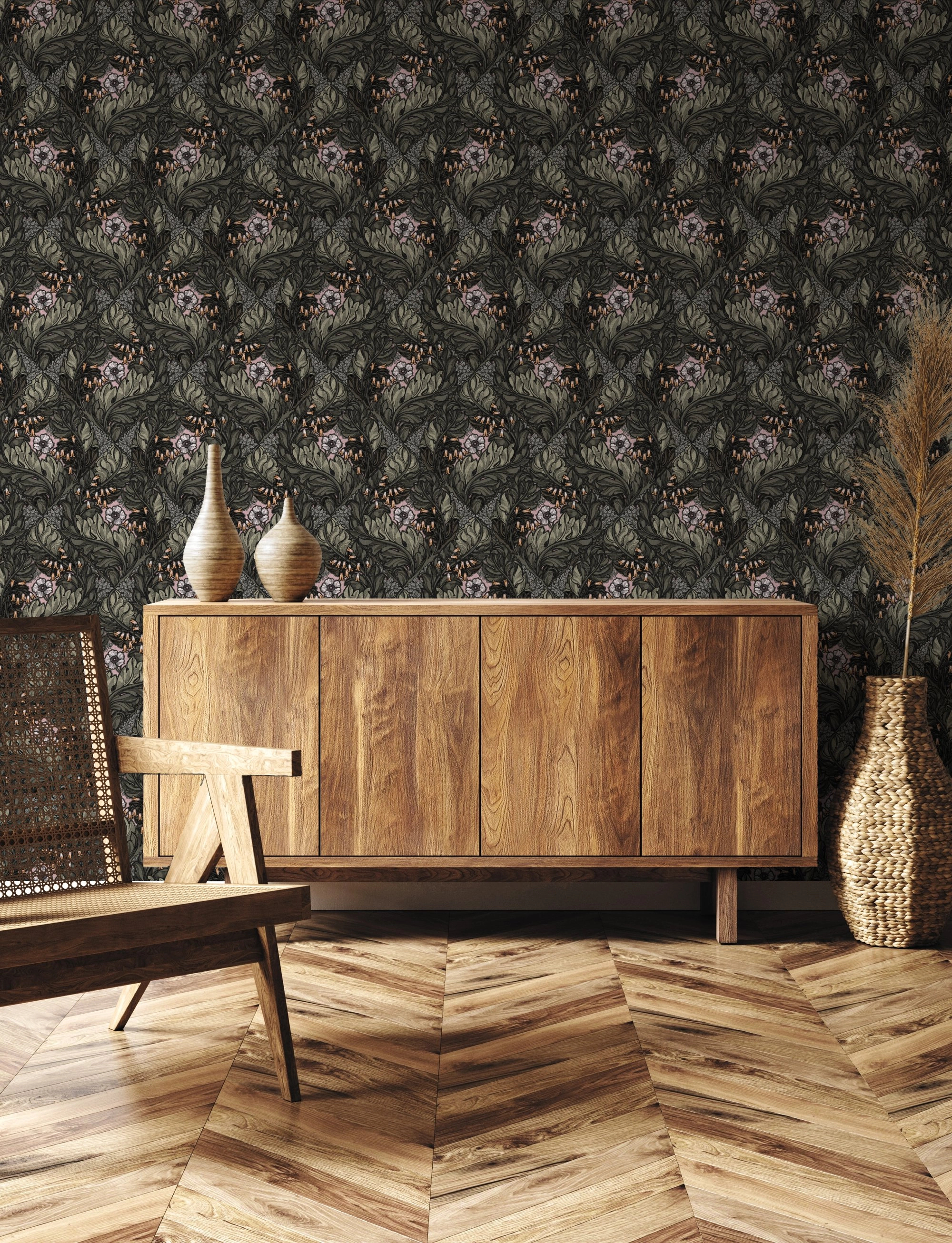 Angol dekor tapéta szecessziós virág mintával mohazöld és rózsaszín színben