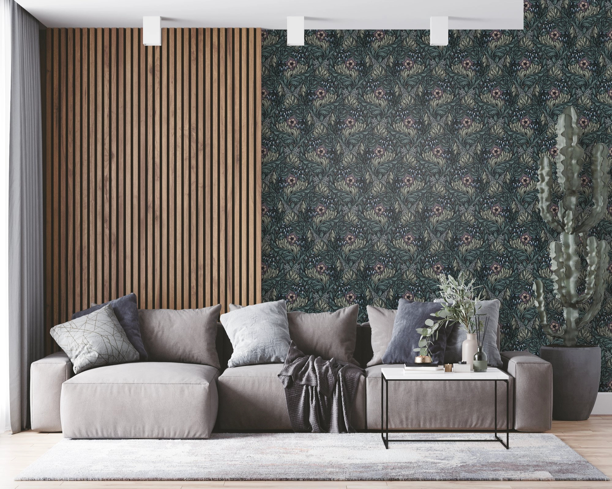 Angol dekor tapéta szecessziós virág mintával mohazöld színben