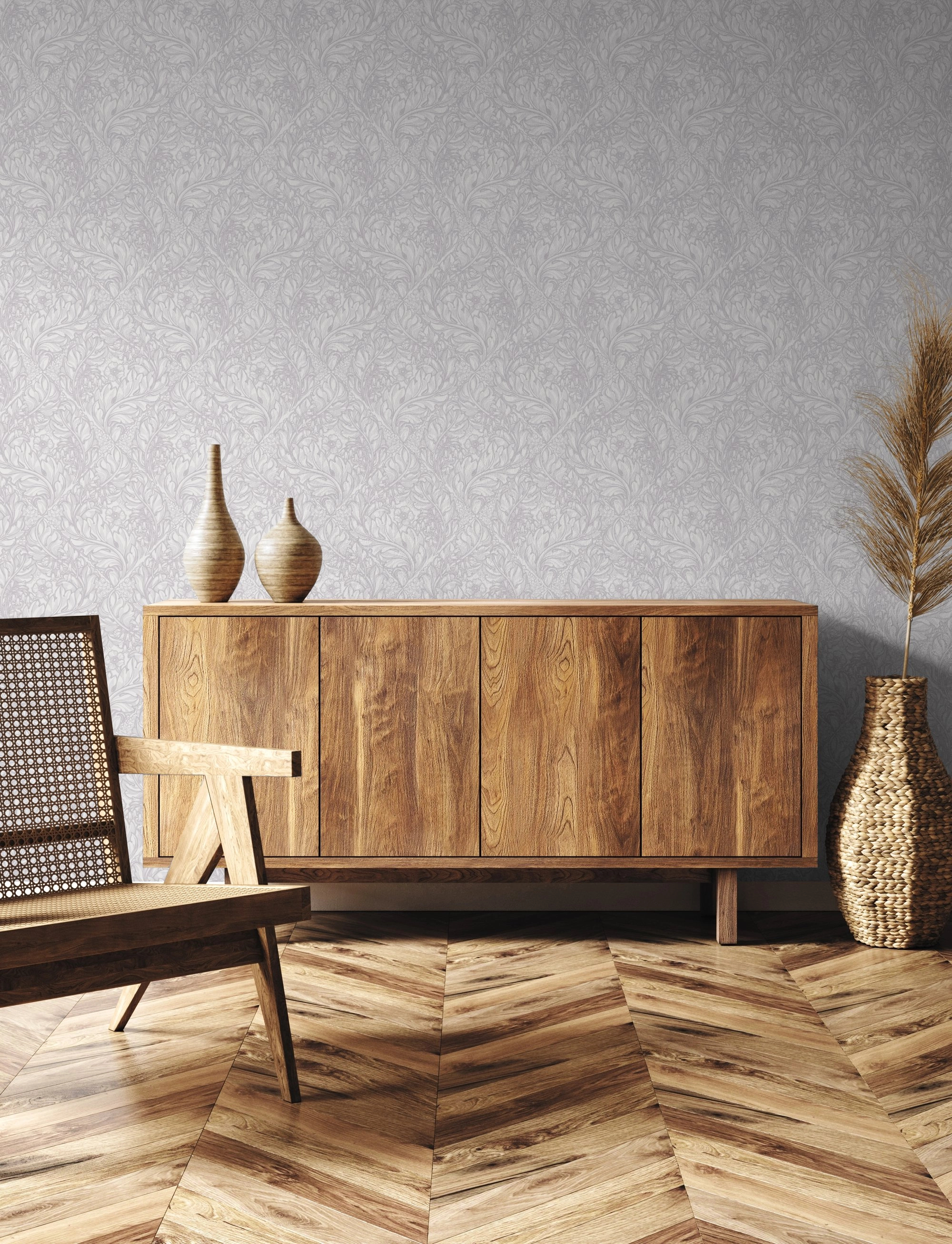 Angol dekor tapéta szecessziós virág mintával világosszürke színben