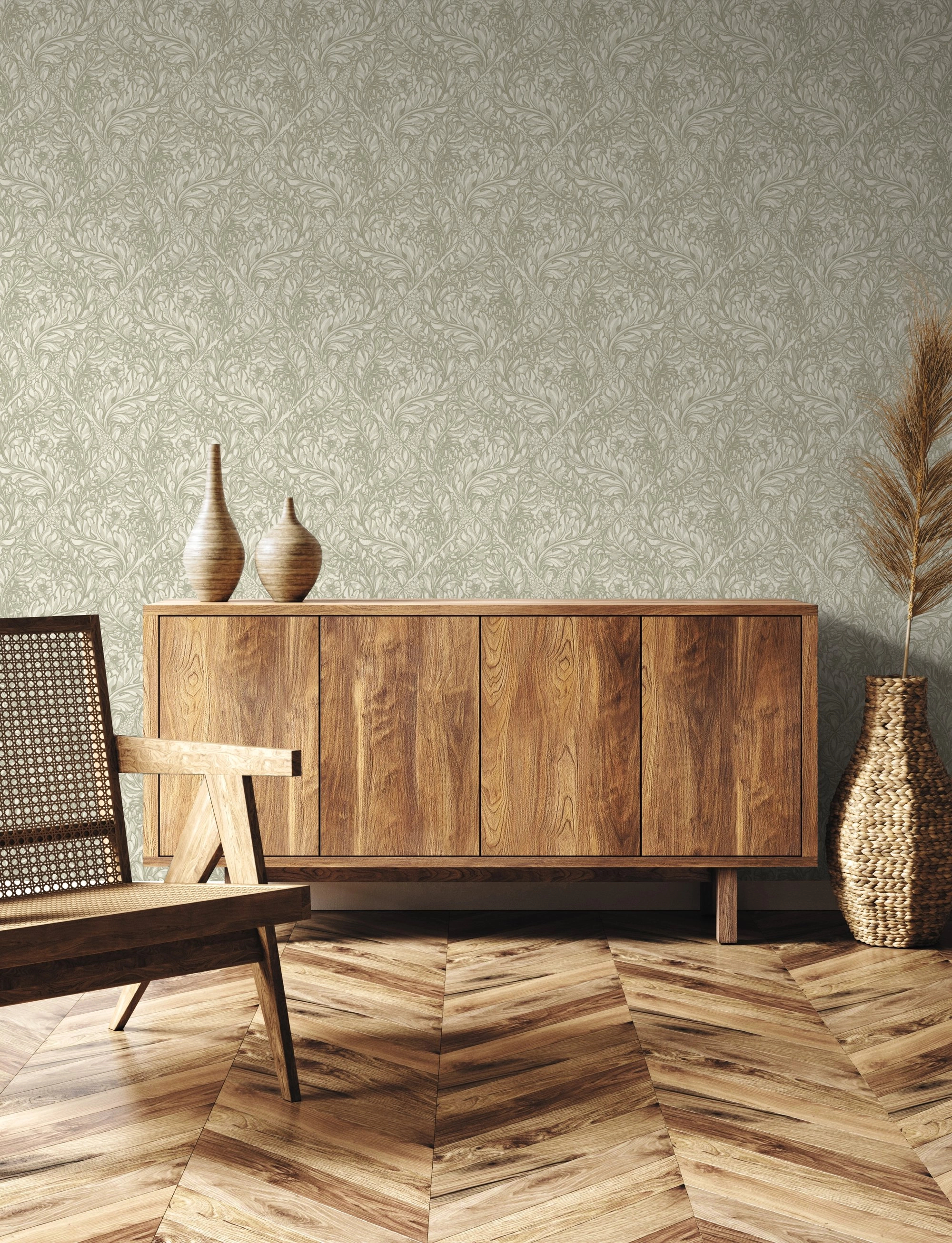 Angol dekor tapéta szecessziós virág mintával zsályazöld színben