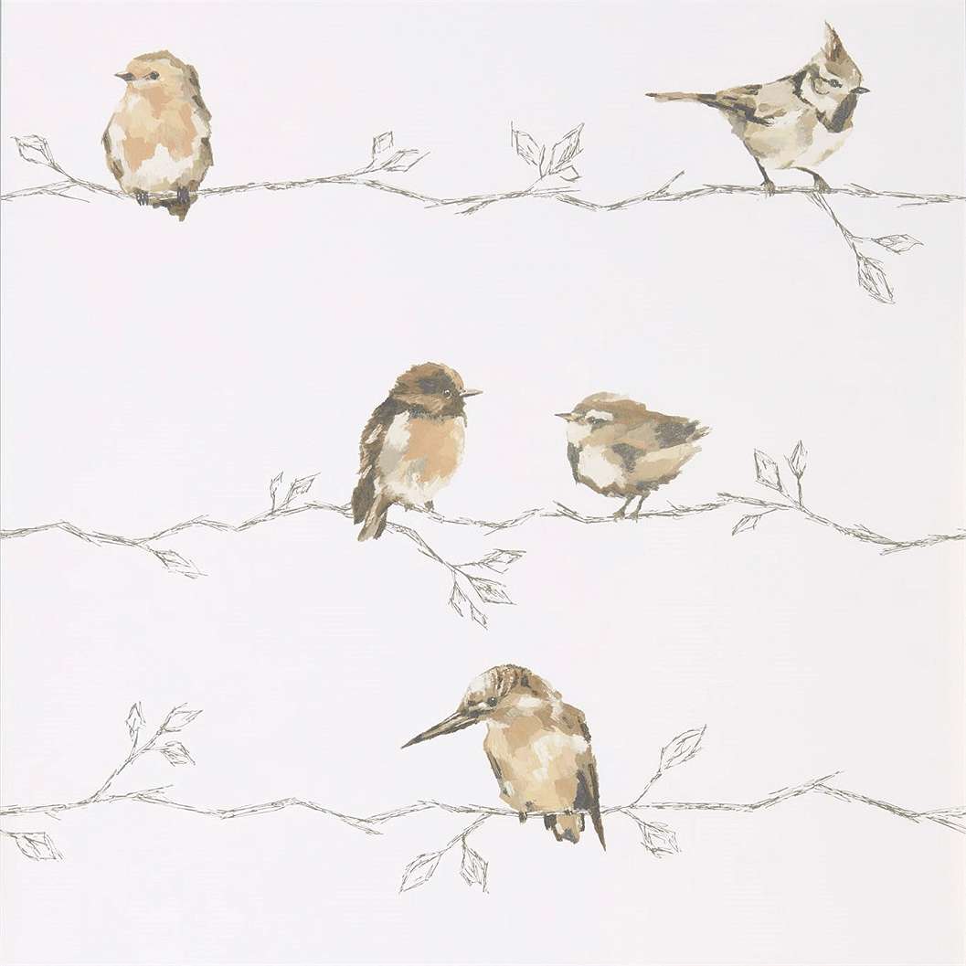 Angol design tapéta fehér és barna színben faág madarakkal mintával