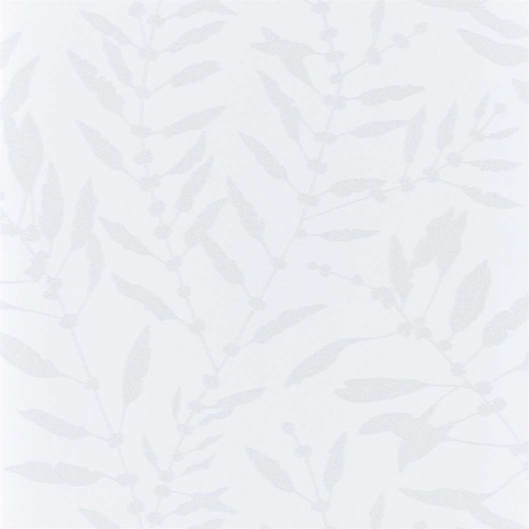 Angol design tapéta selyemfényű fehér színben leveles faág mintával