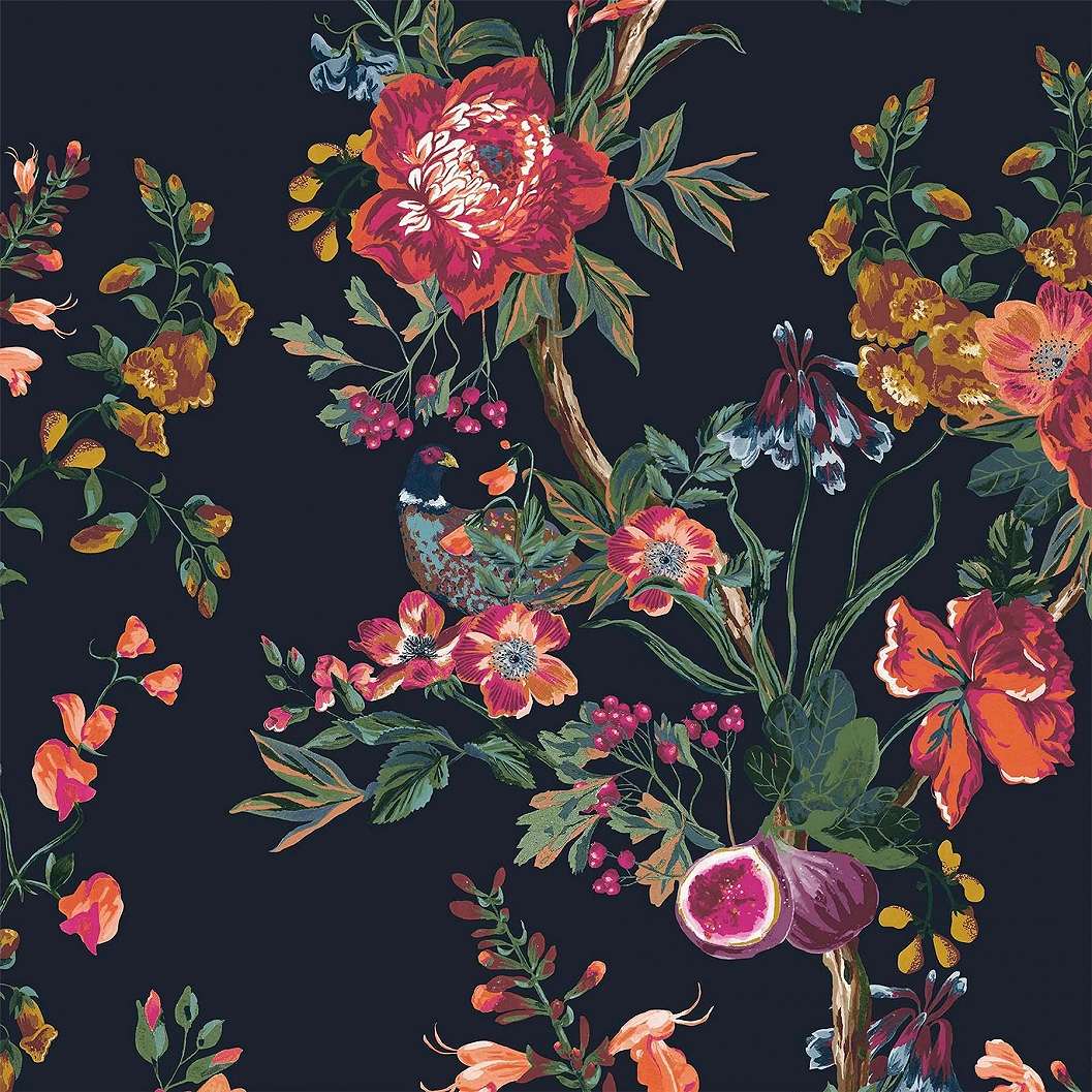 Angol design tapéta sötétkék alapon színes klasszikus virágos mintával