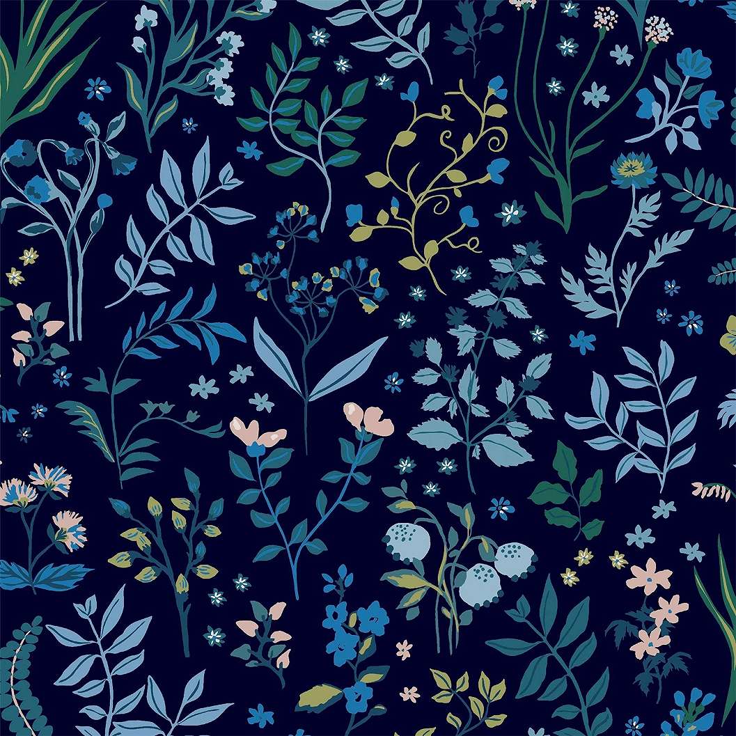 Angol design tapéta sötétkék leveles virágos mintával
