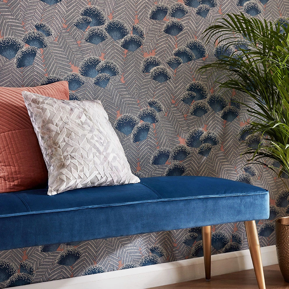 Angol design tapéta virág és levél mintával szürkéskék és arany színben