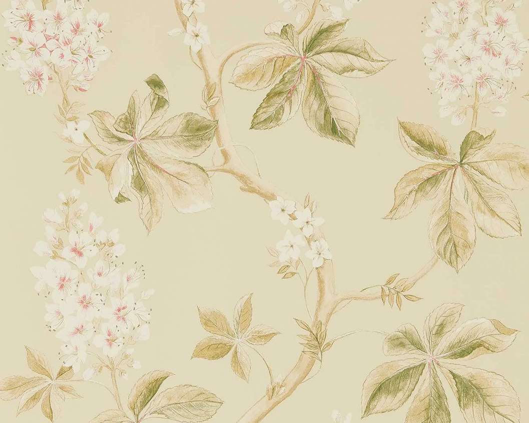 Angol Sanderson dekor tapéta gesztenyefa ág mintával sárgás beige színben