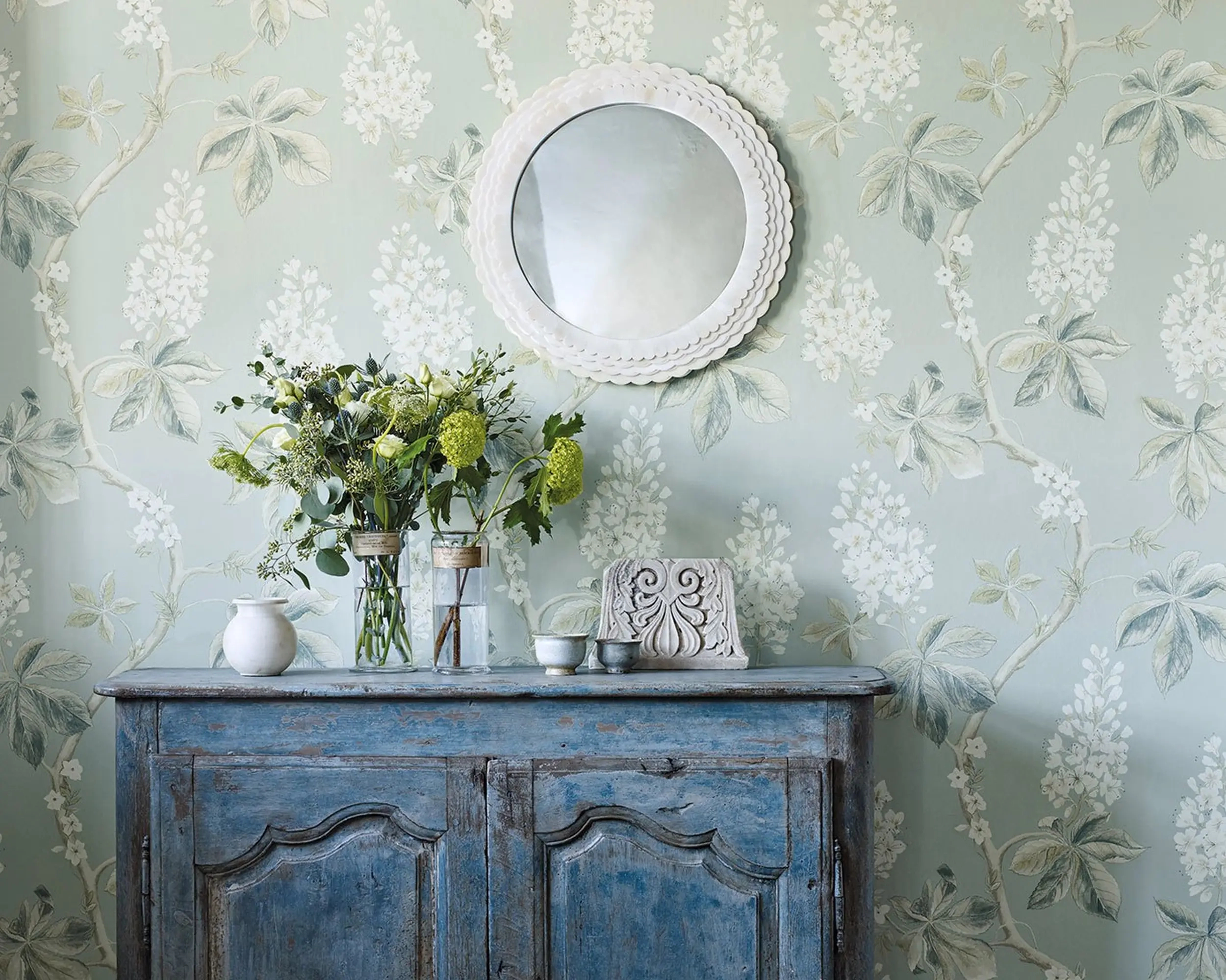 Angol Sanderson dekor tapéta gesztenyefa ág mintával sárgás beige színben