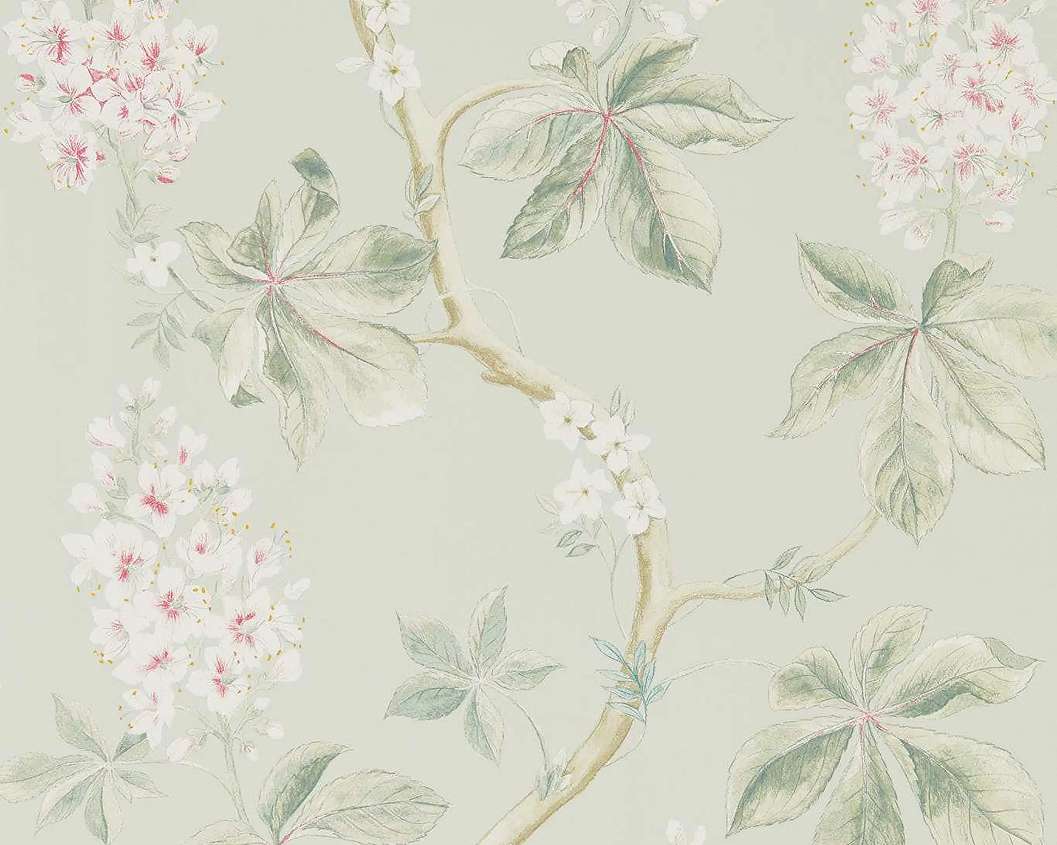 Angol Sanderson dekor tapéta gesztenyefa ág mintával zöld színben