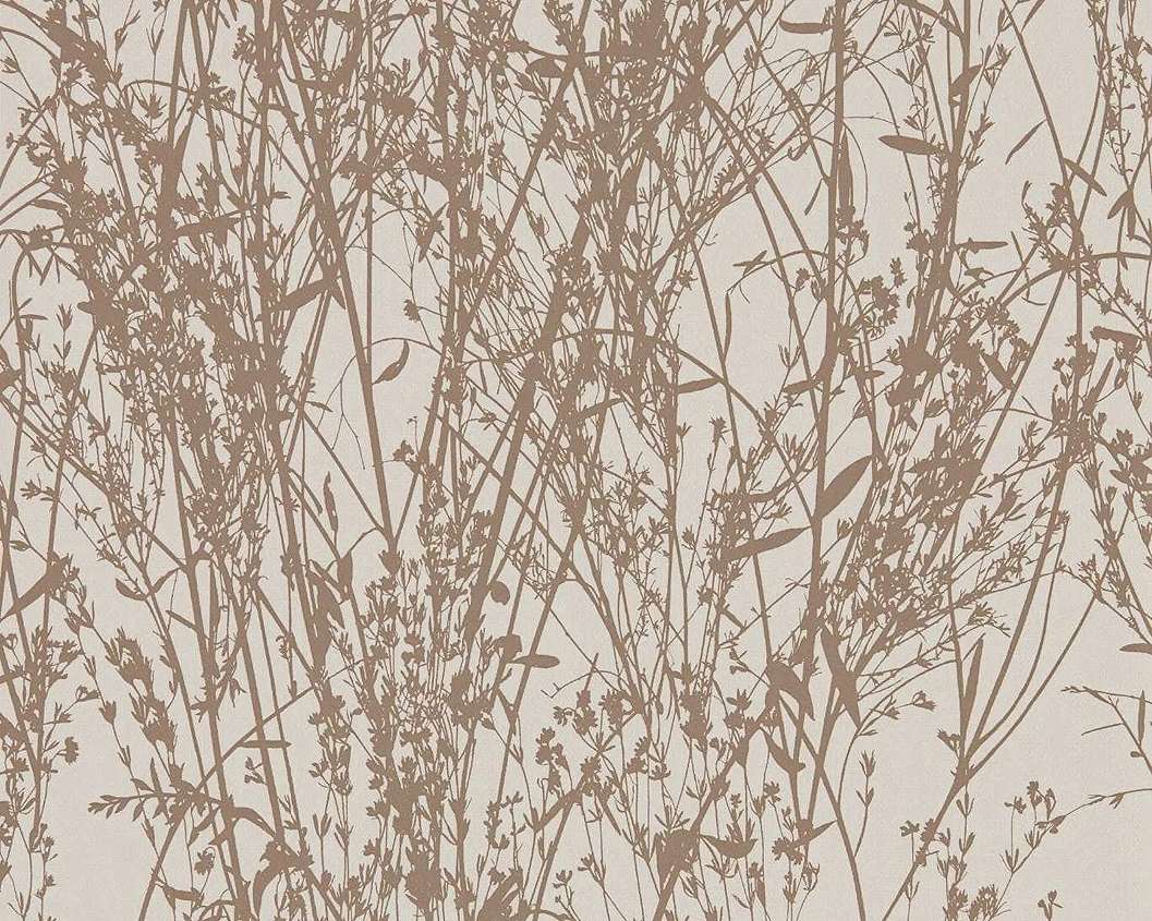 Angol Sanderson dekor tapéta levél és virág sziluett mintával barna színben